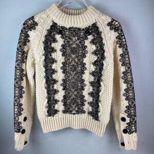 Zara White Cable Knit Sweater Black Lace Size M